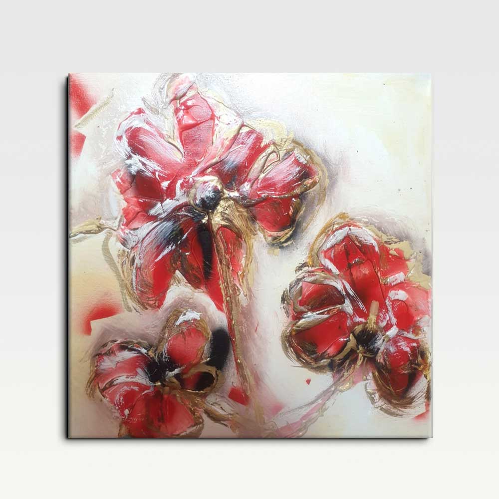Blaze of Poppies: Abstract Floral Painting, Hand-Painted Mixed Media, 40x40cm